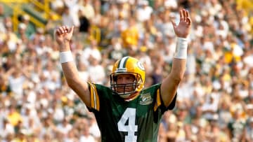 Former Green Bay Packers quarterback Brett Favre playing at Lambeau Field.